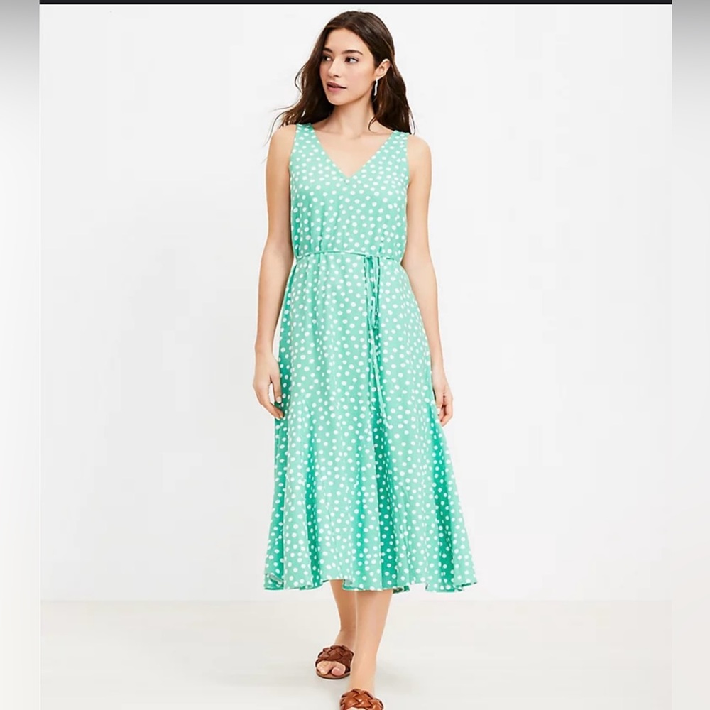 Loft - Dotted Godet Double V Rayon & Linen Blend Midi Dress/ Size Small